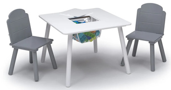BIAŁY SIWY SZARY STÓŁ STOLIK 2 KRZESŁA DZIECI DREWNIANY ZESTAW + KOSZ