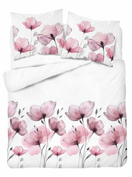 Pościel Biała w Akwarelowe Kwiaty Różowe - 160x200 - Bawełna