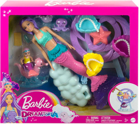 BARBIE LALKA SYRENKA OGON AKCESORIA OŚMIORNICA FOKA ŁÓŻECZKO HLC30