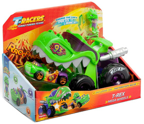 ZESTAW T-RACERS T-TEX MEGA WHEELS WYŚCIGÓWKA WYRZUTNIA KIEROWCA FIGURKA